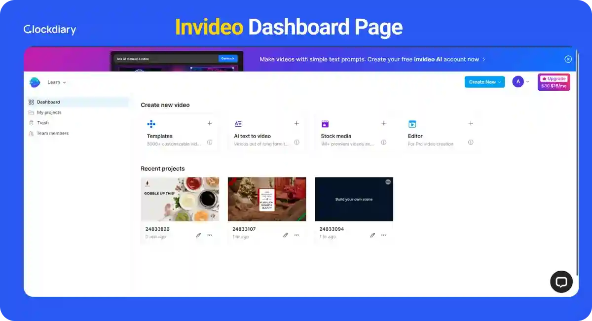 InVideo Dashboard Page