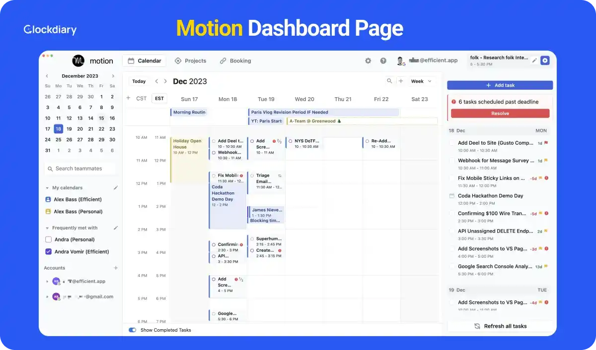 Motion Dashboard Page, one of the best daily planner apps