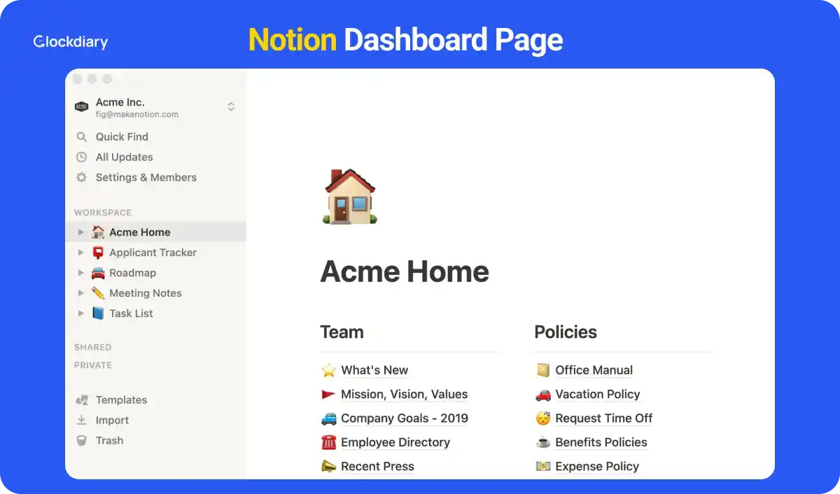 Notion Dashboard Page, one of the best daily planner apps