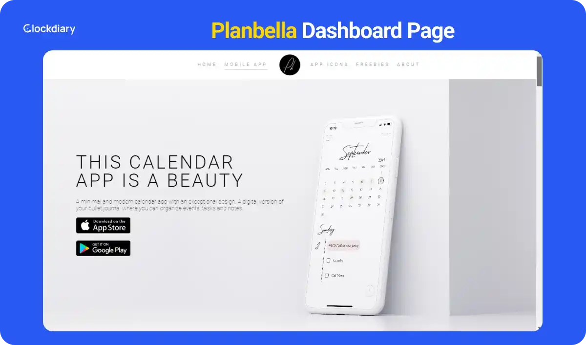 Planbella Dashboard Page, one of the best daily planner apps