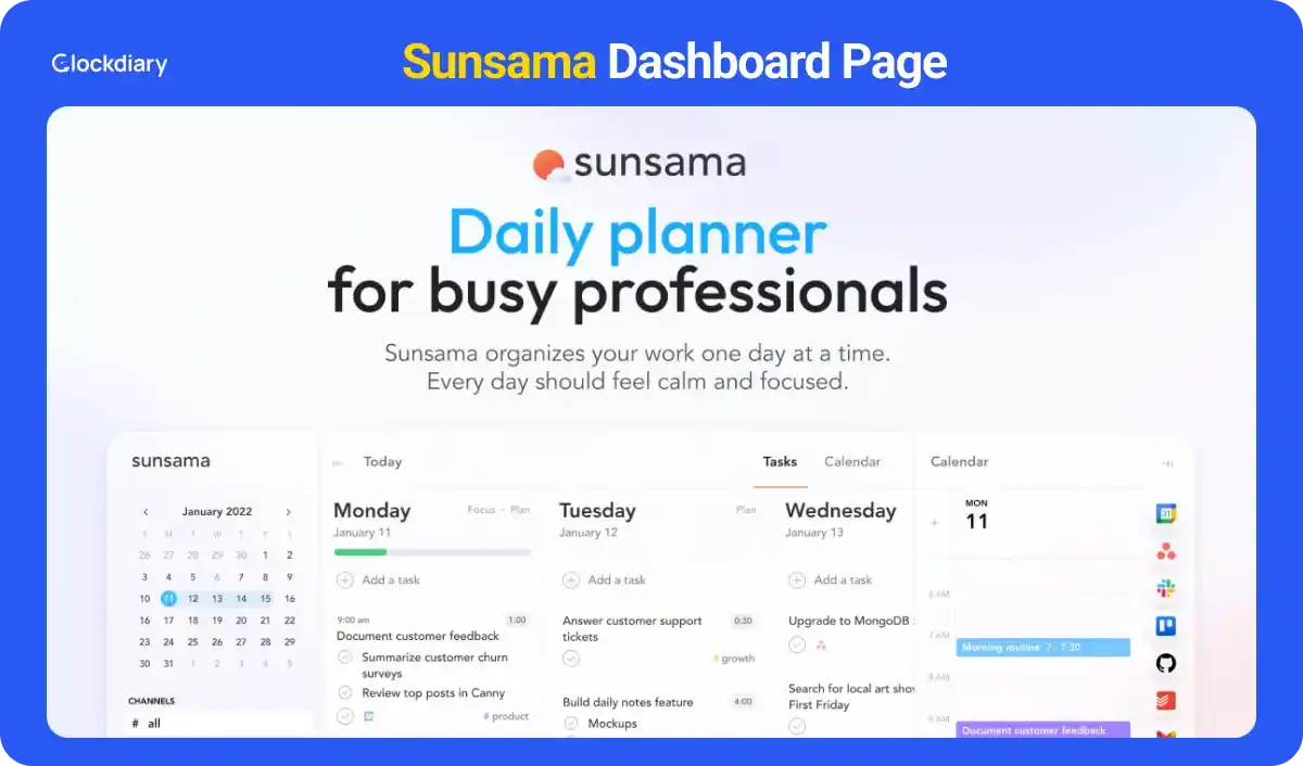 Sunsama Dashboard Page, one of the best daily planner apps