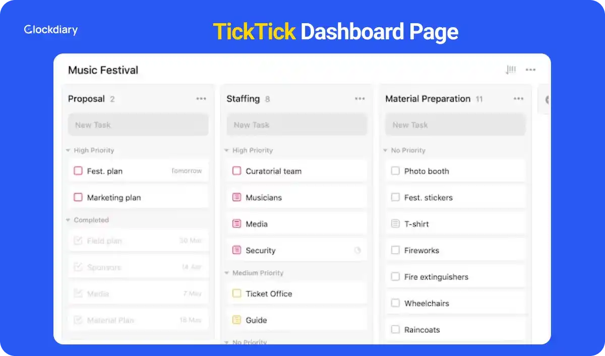 Tick Tick Dashboard Page