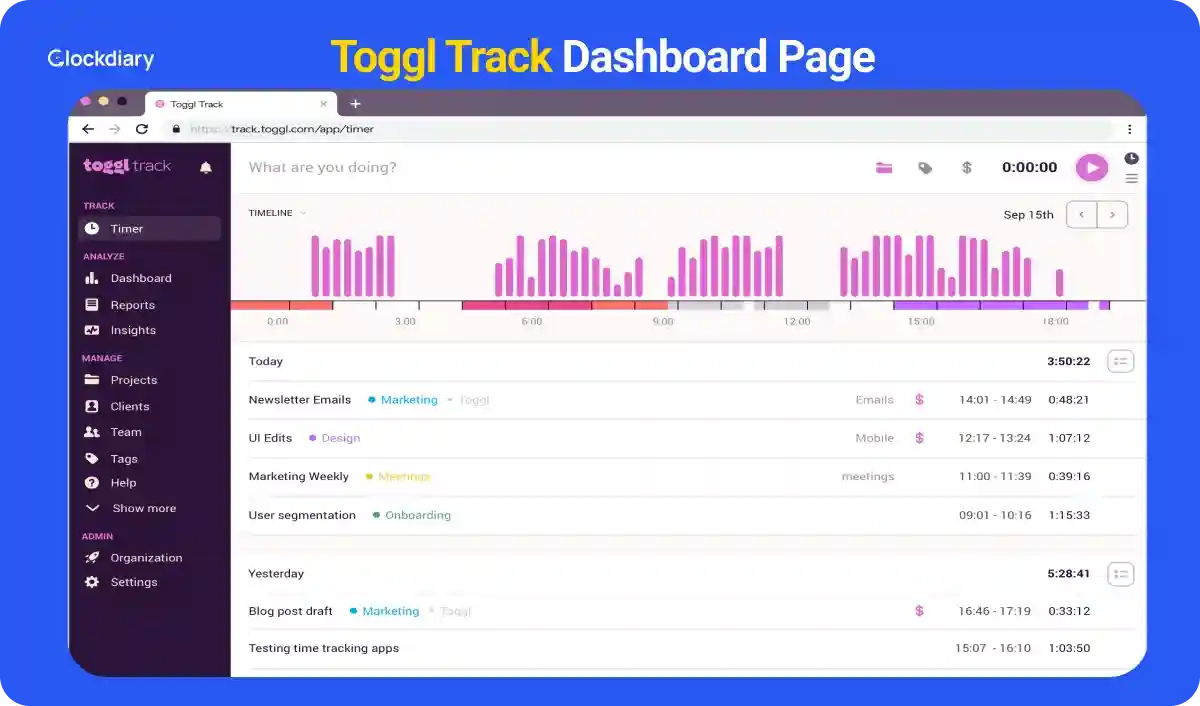 Toggl Track Dashboard Page