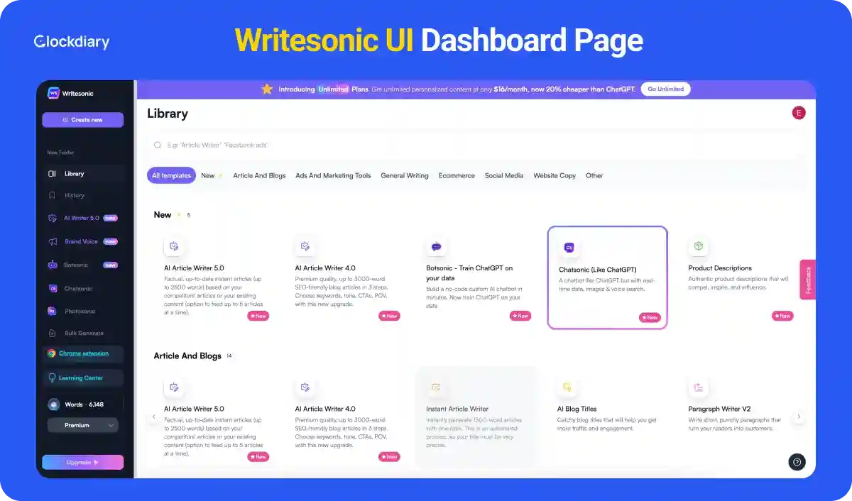 Writesonic Dashboard Page