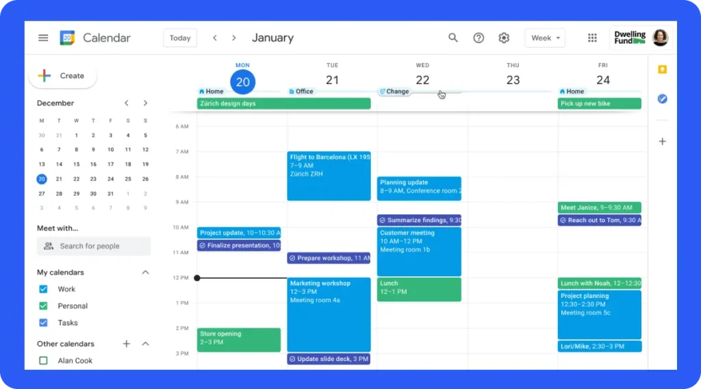 Google calendar interface