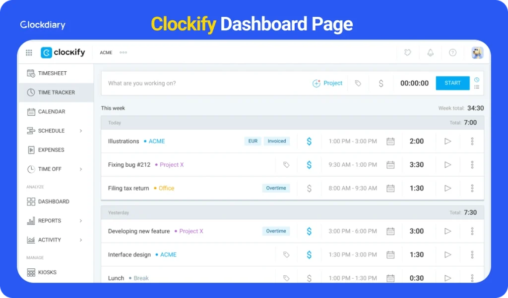 Clockify work hours dashboard