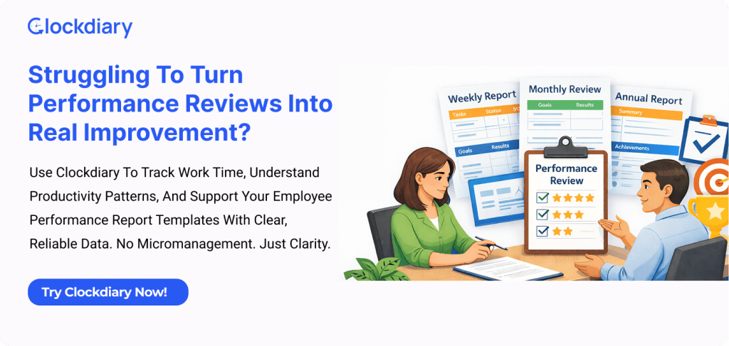 Employee performance report templates for weekly, monthly, and annual reviews with manager and employee discussion