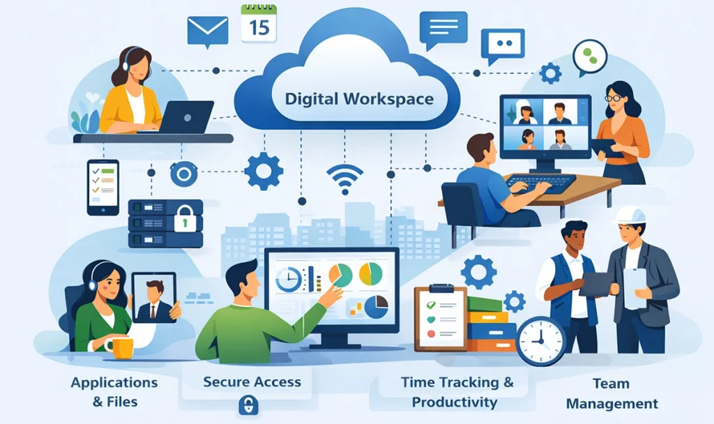 Digital workspace illustration showing applications and files, secure access, time tracking and productivity, and team management connected through a central cloud