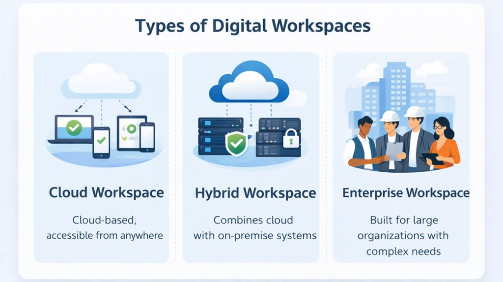 Types of digital workspaces including cloud workspace, hybrid workspace, and enterprise workspace with visual comparison