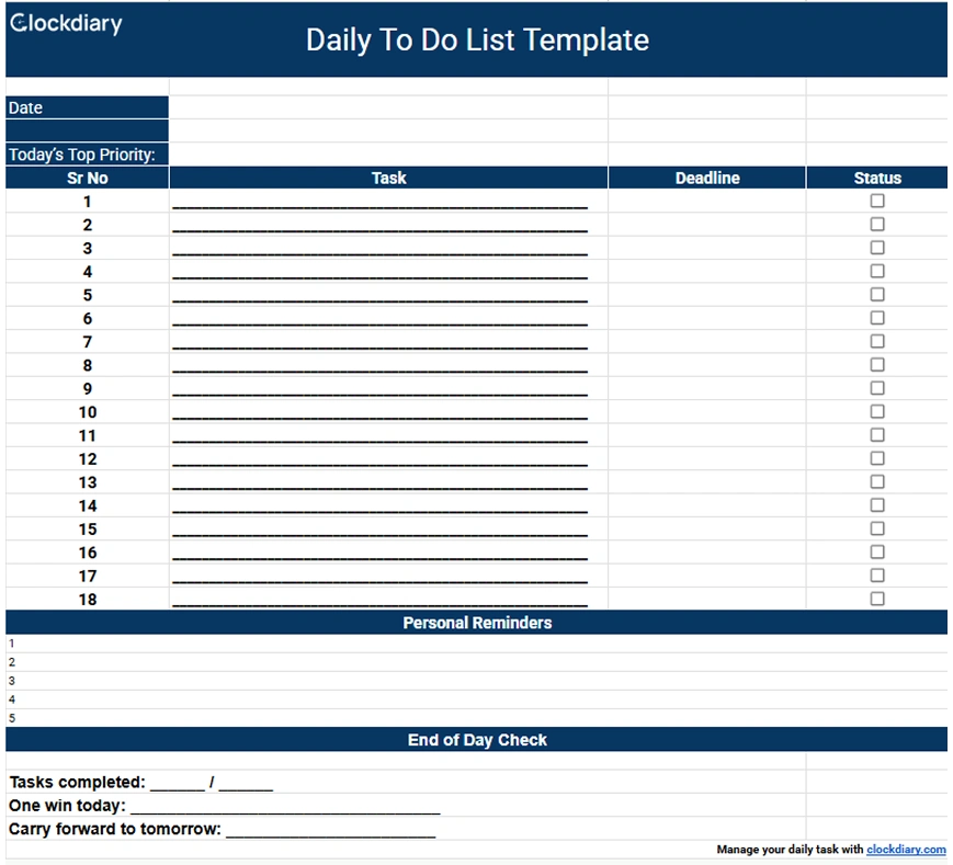 Daily to do list template for planning tasks and activities