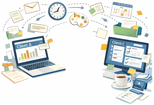 Freelancer switching between multiple clients and projects on laptop with task dashboards and clock icons.