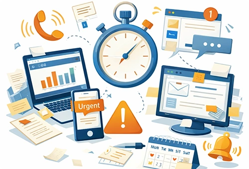 Workspace with multiple screens, notifications, phone calls, and clock showing constant interruptions during work.