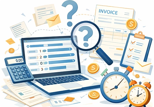 Laptop with invoices, question marks, calculator, and clock representing difficulty tracking billable hours.