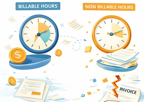 Comparison of billable vs non-billable hours with clock charts, invoices, and money icons.