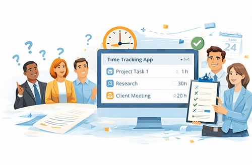 Professional presenting time tracking report to clients with project breakdown and task list on screen.