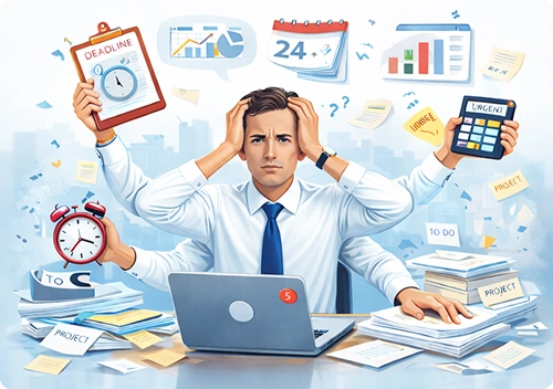Overwhelmed freelancer working on laptop surrounded by paperwork, clocks, and multiple task notifications.