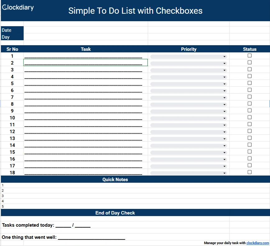 Simple to do list template with checkboxes for daily tasks