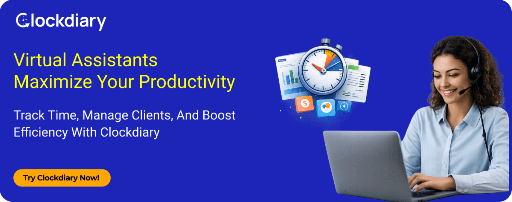Clockdiary banner for virtual assistants showing time tracking dashboard and call to action to start free