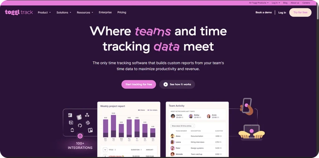 Toggl Track homepage with headline “Where teams and time tracking data meet,” featuring purple background, navigation menu, free trial button, and dashboard previews of weekly project reports and team activity.