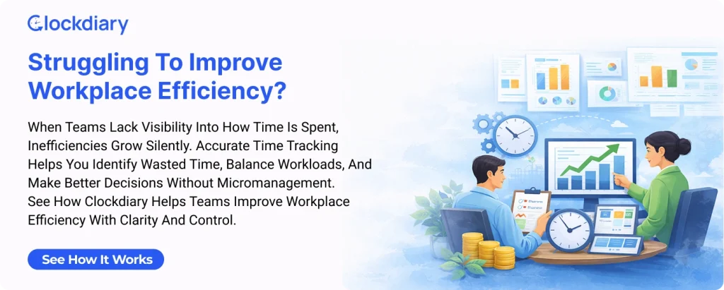 CTA banner showing how Clockdiary helps improve workplace efficiency with time tracking and workload insights