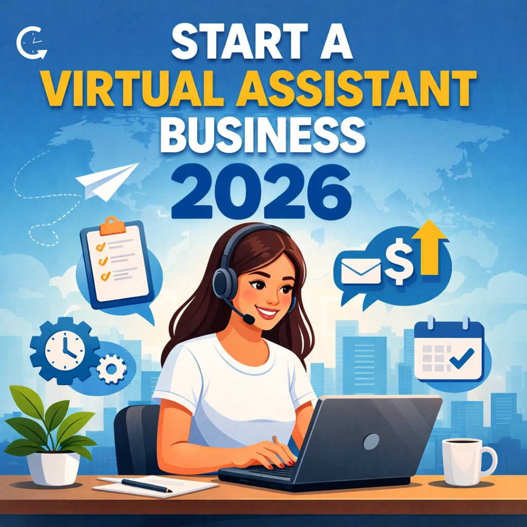 Start a virtual assistant business in 2026 illustration showing remote work, time management, and online services setup.