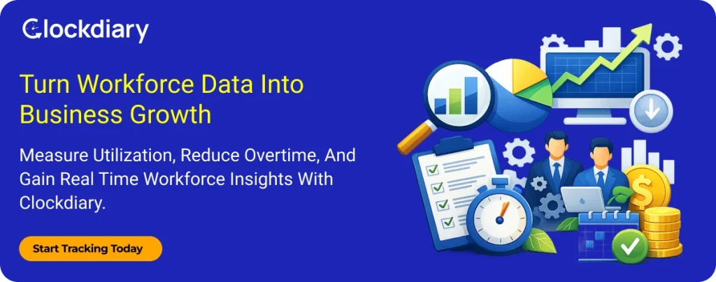 Clockdiary workforce analytics dashboard banner showing productivity charts, KPI tracking, and labor cost insights for business growth